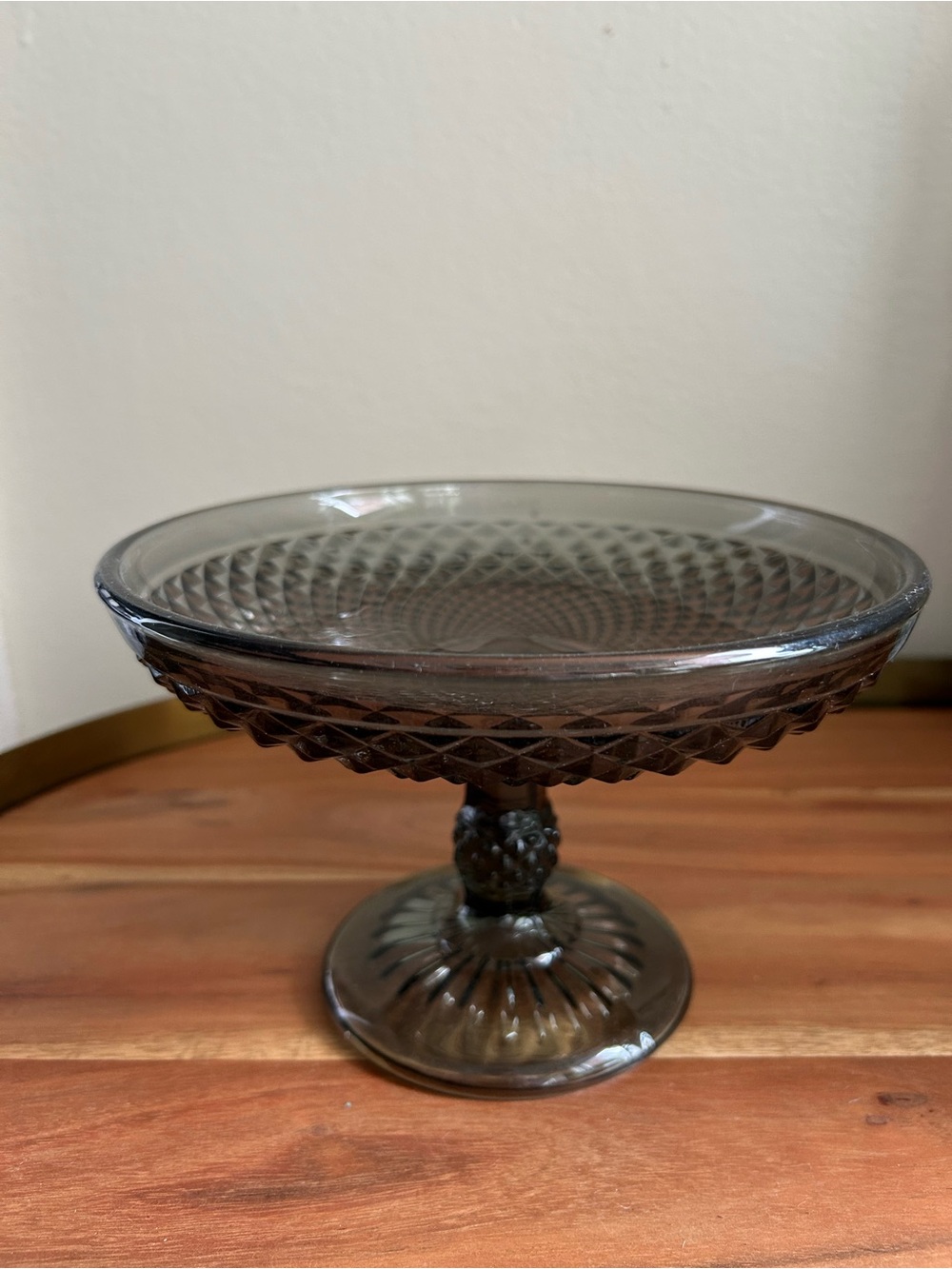 CB2 Smoky Gray Diamond-Cut Glass Pedestal Compote
